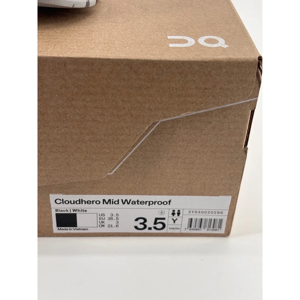 On Cloudhero Mid Waterproof Kids 3.5Y Black White Trail Hiking Shoes New